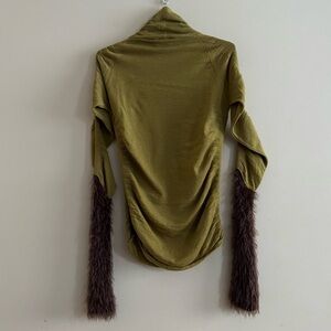 NWOT Vitelli Italy Sz 3 (Sz XS) Green Cashmere Turtleneck With Brown Fluffy Muff
